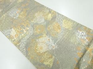 アンティーク　服部織物製　こはく錦二草箔織唐花に花鳥模様織出し袋帯（材料）